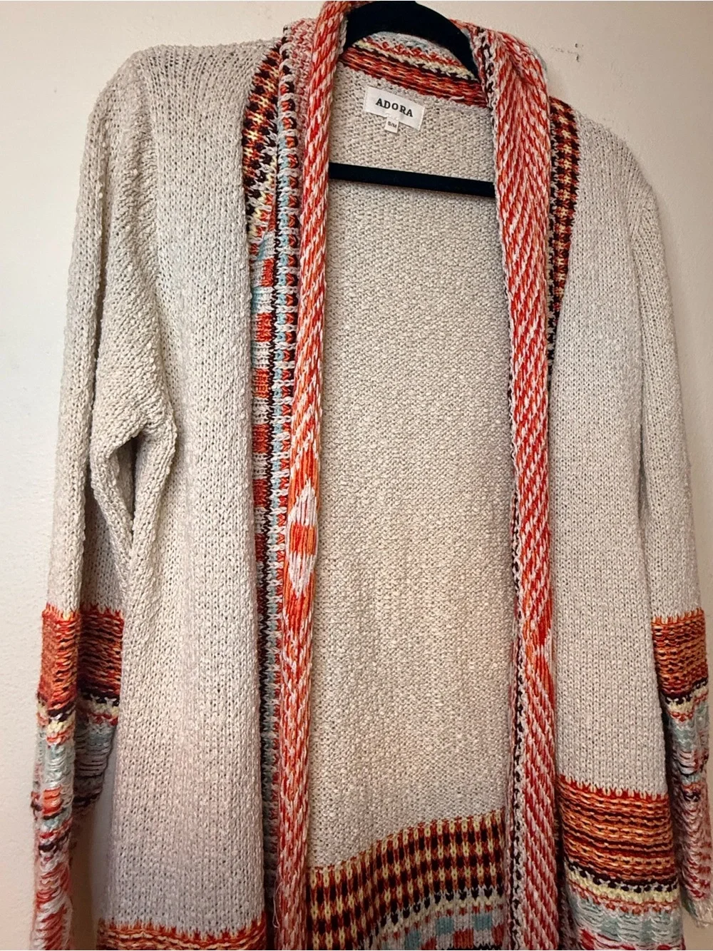 ADORA Cream Sweater Cardigan with Orange Multicolor Trim and Fringe